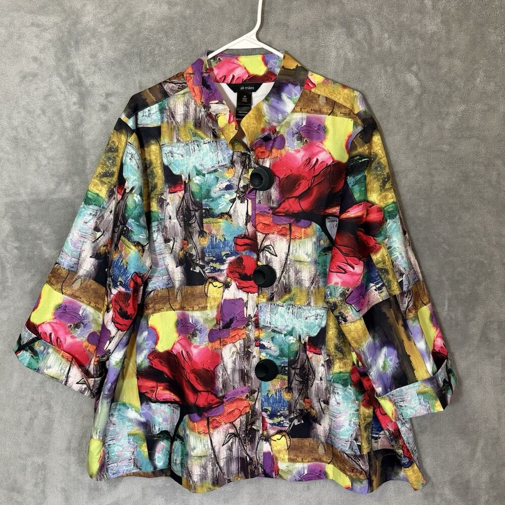 Ali Miles Women's Multicolor Abstract Floral Jacket Size 2X Plus Casual Colorful